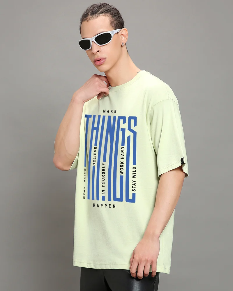 بيواكوف Men's Fog Green Things Typography Oversized T-shirt